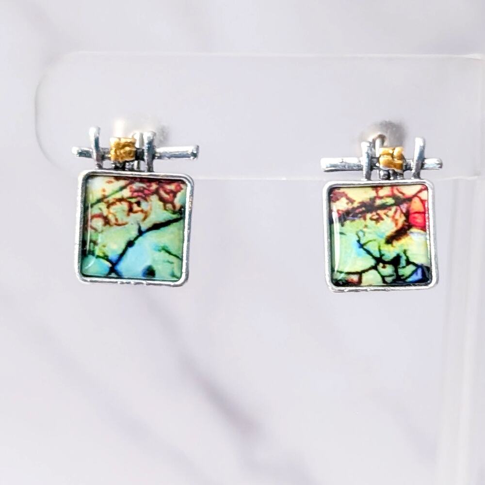 Statement Hook Dangle Earrings - Multi Colored & Silver Tone